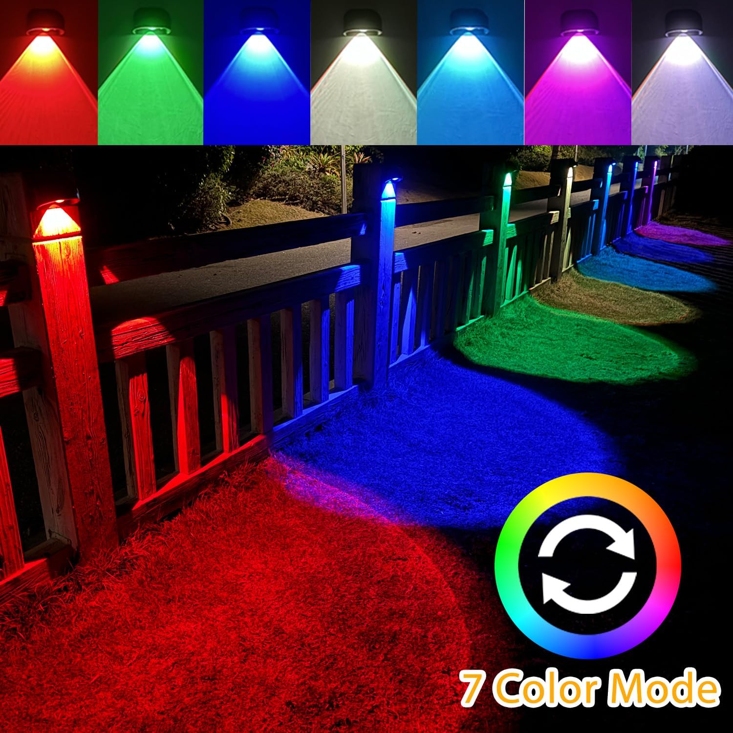 Lampa solara exterior cu 7 moduri de culoare RGB montata pe gard de lemn, iluminare colorata decorativa noapte
