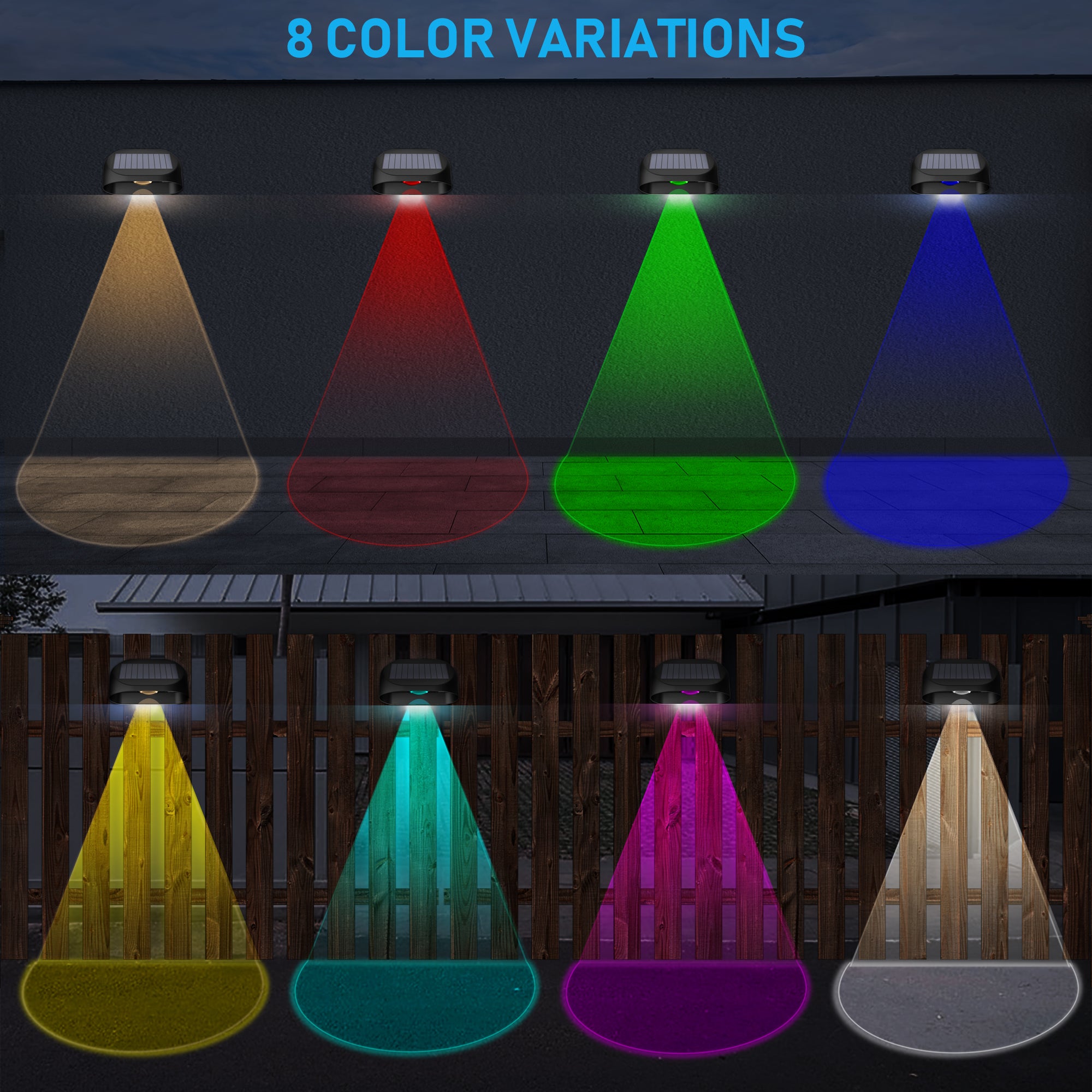Lampa solara perete cu 8 variatii de culoare RGBW, fascicule colorate pe gard de lemn si perete exterior noaptea