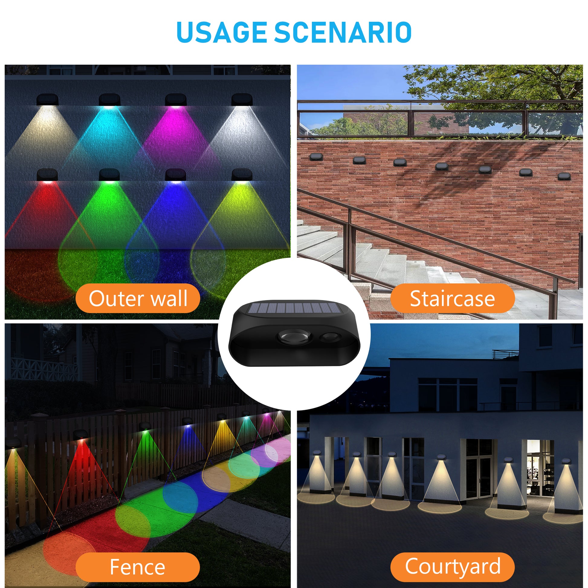 Lampa solara de perete RGBW aplicabila pe perete exterior, scara, gard sau curte, 8 culori, design compact negru