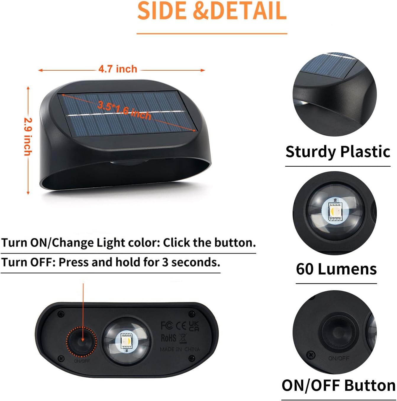 Lampa solara de perete cu detalii dimensiuni 4.7 inch, buton ON/OFF frontal, LED 60 lumeni si panou solar integrat