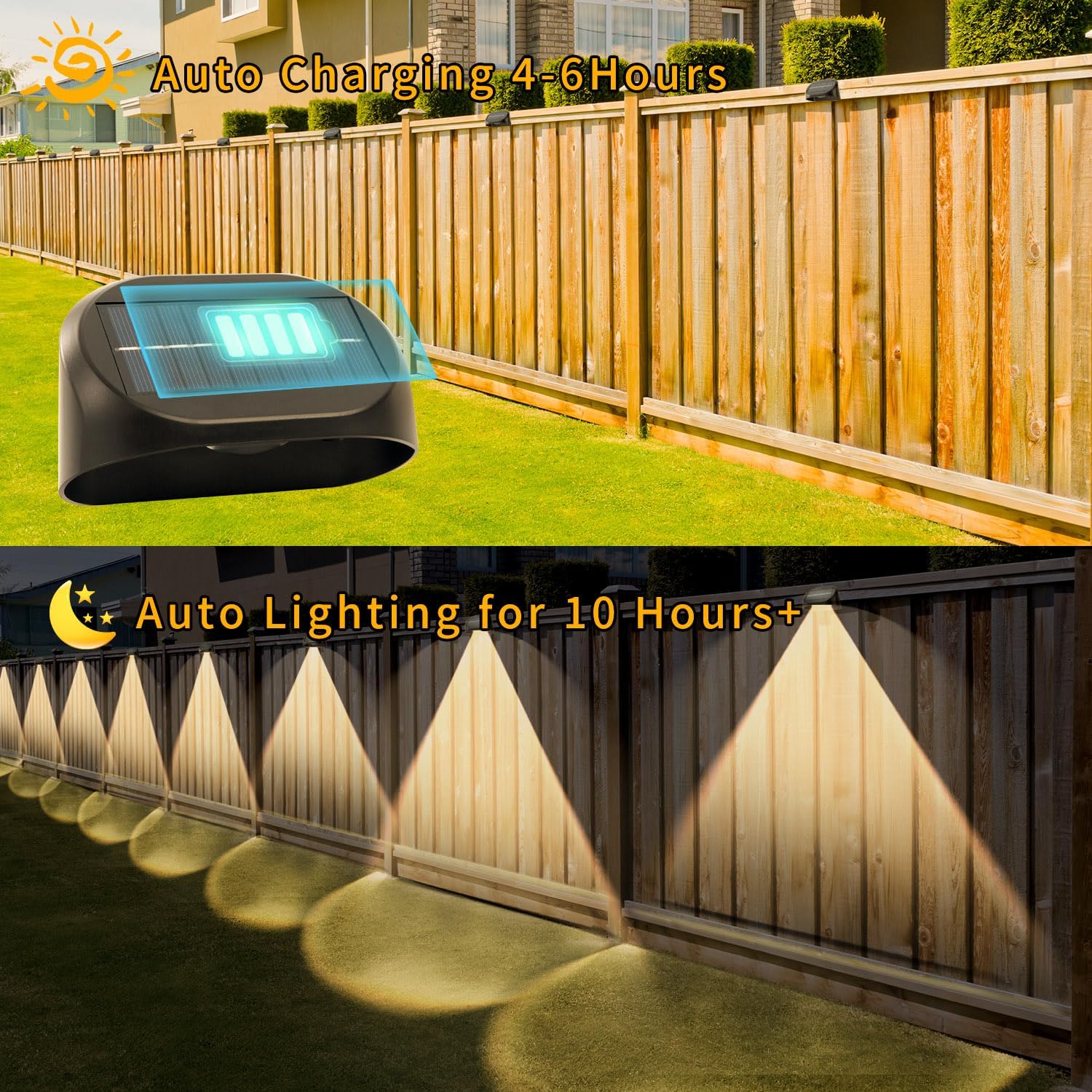 Lampa solara de perete cu incarcare automata 4-6 ore si autonomie de 10 ore, montata pe gard exterior zi si noapte