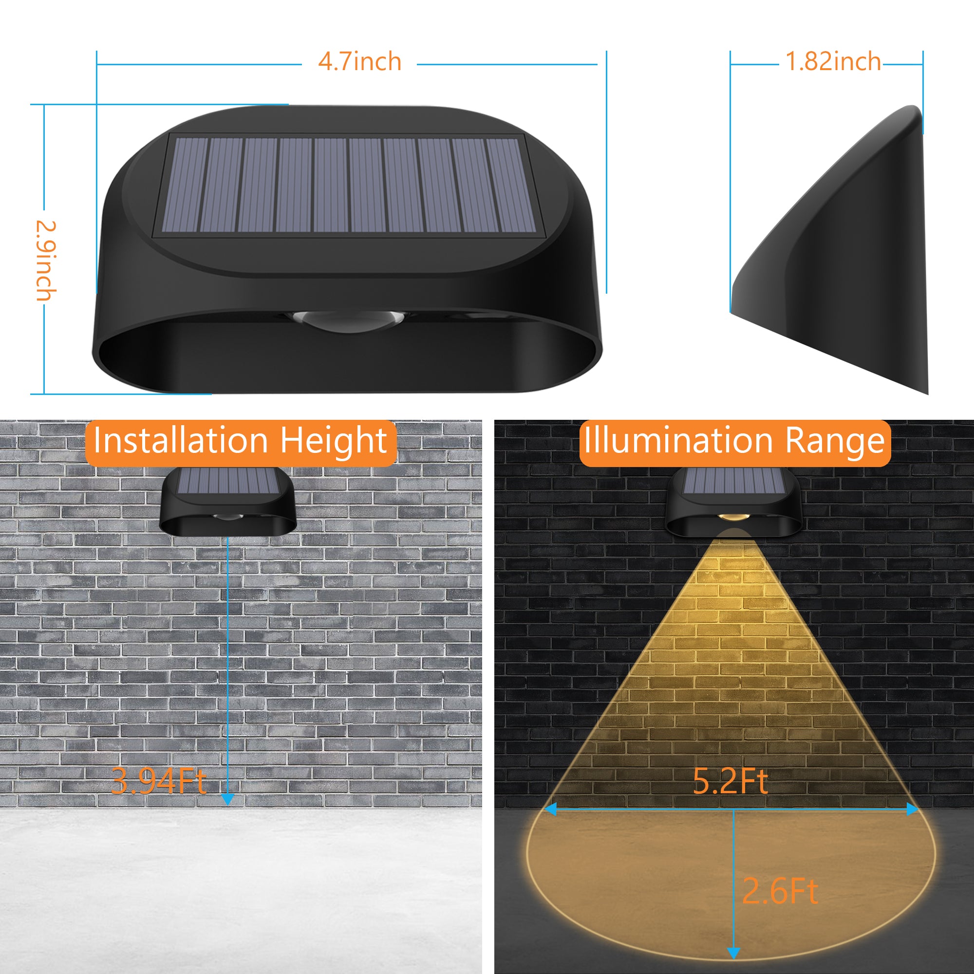 Lampa solara de perete cu dimensiuni 4.7x2.9 inch, raza de iluminare 5.2 ft, montaj la inaltime 3.94 ft pe zid
