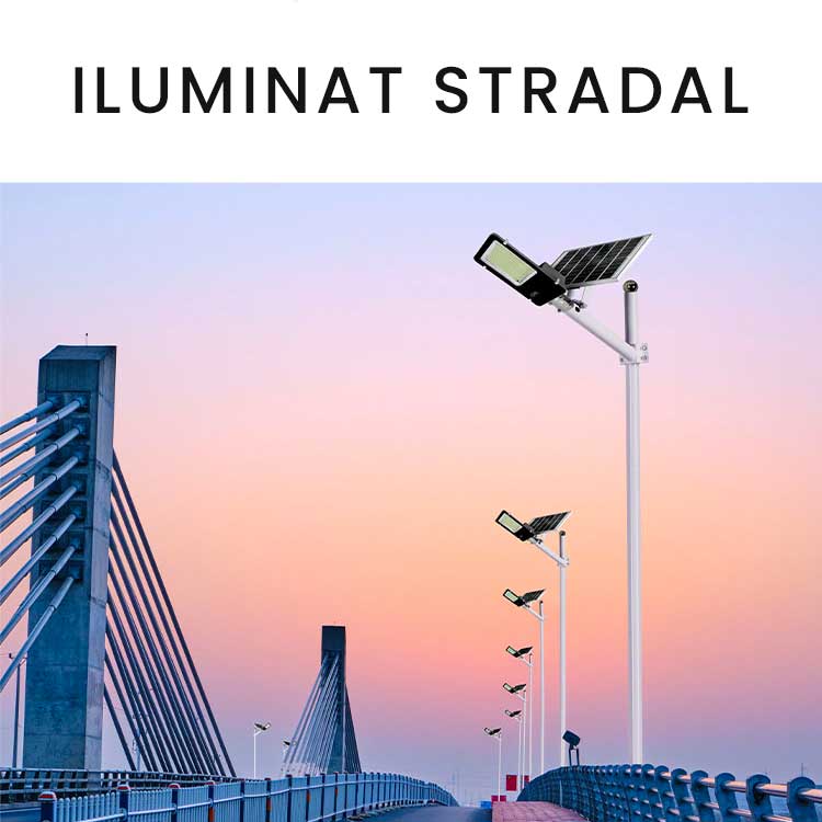 Lampa solara stradala pe stalpi de-a lungul unui pod la apus, iluminat stradal urban