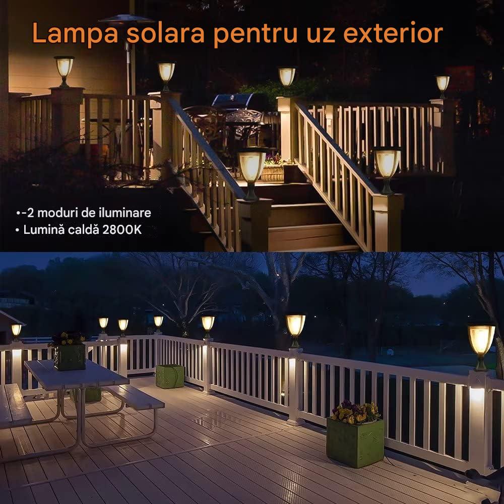 Lampa solara de exterior pe soclu, lumina calda 2800K, utilizare pe terasa si balustrade