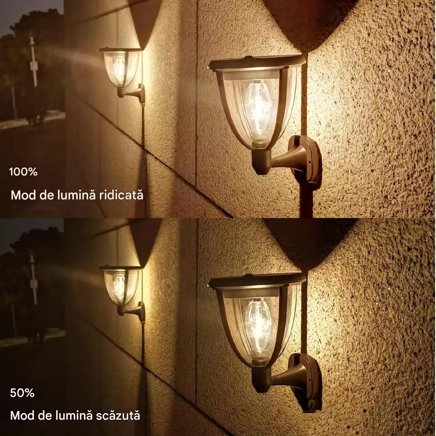 Lampa solara de perete cu doua niveluri de luminozitate, mod High 100% si mod Low 50%