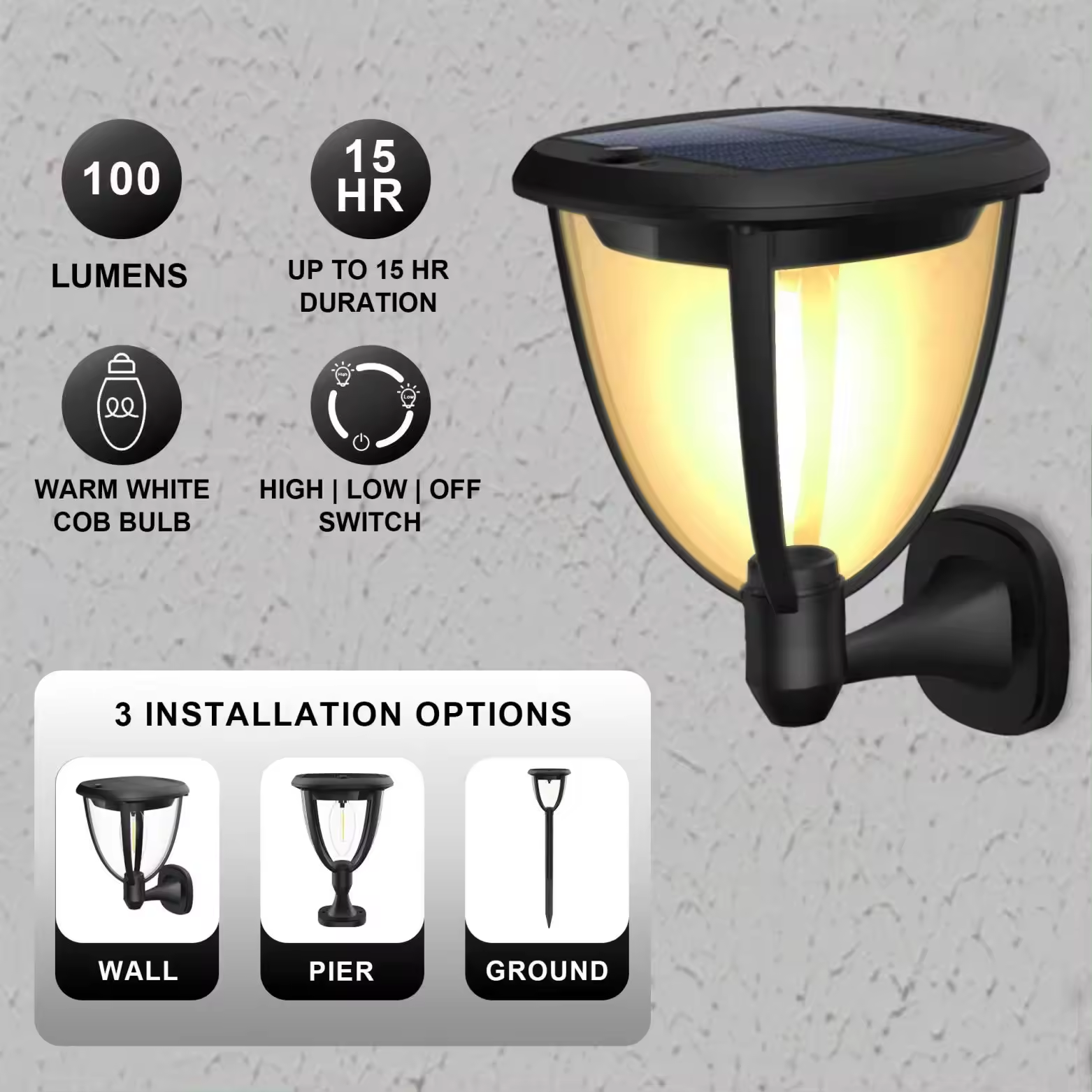 Lampa solara 100 lumeni, autonomie 15 ore, cu 3 optiuni de montaj: perete, pier si sol