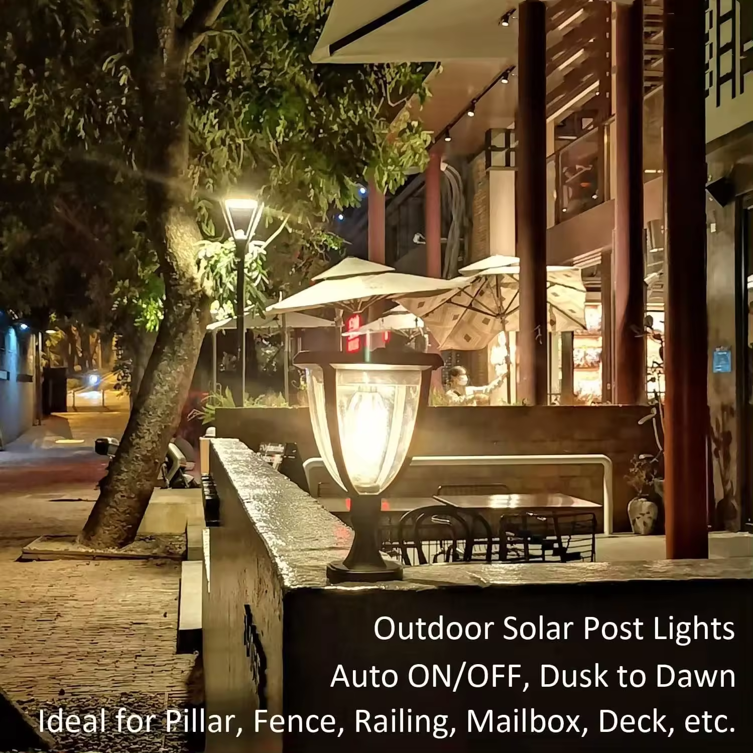 Lampa solara pe soclu montat pe balustrada, lumina calda 2800K, functionare dusk to dawn