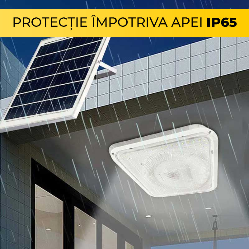 Plafoniera solara IP65 rezistenta la apa, functionare in ploaie, panou solar exterior montat pe cladire
