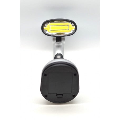 Lampa de birou LED portabila, vedere din spate cu compartiment baterii si chip COB oval vizibil