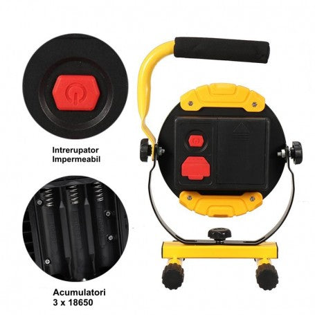 Proiector portabil 30W - detaliu intrerupator impermeabil si compartiment acumulatori 3x18650