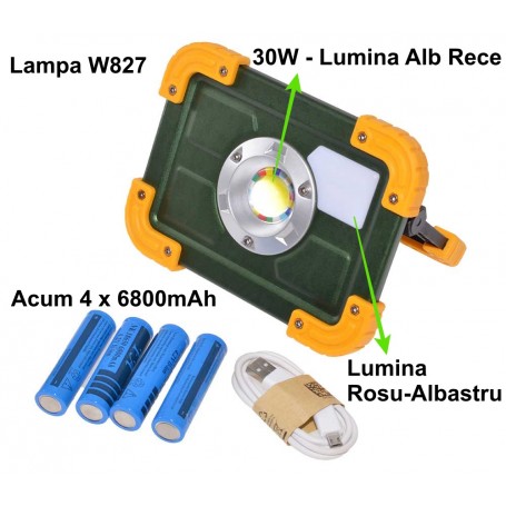 Lampa de lucru COB 30W cu acumulatori 18650 6800mAh si cablu micro-USB inclus, moduri iluminare multiple