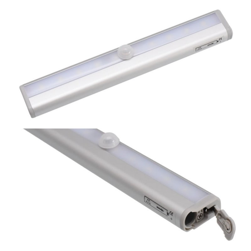 Bara LED cu senzor de miscare - vedere de sus si detaliu lateral cu baterii si clips