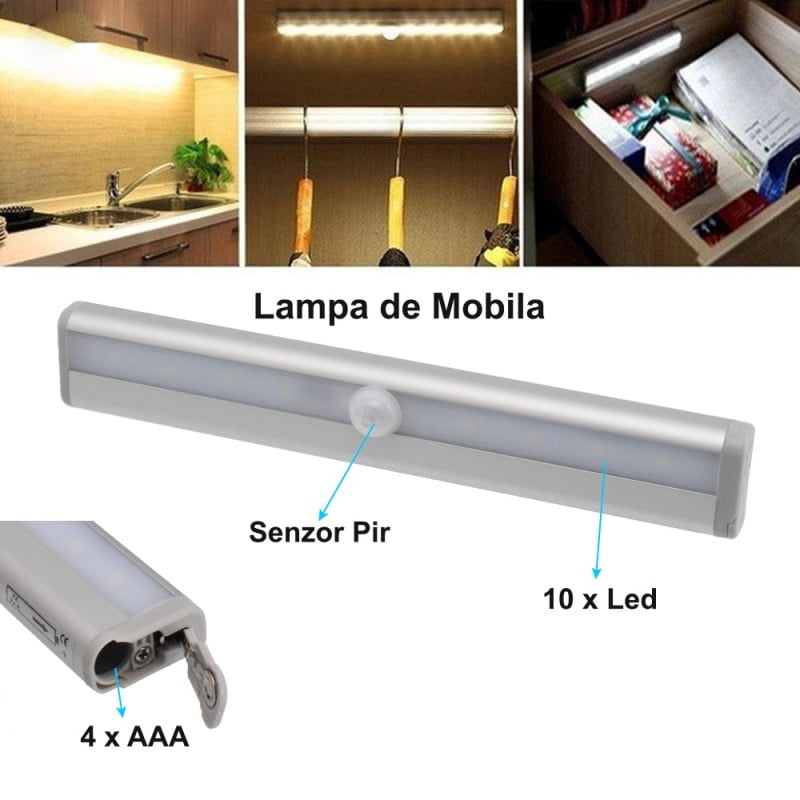 Bara LED mobila cu senzor PIR si 10 LED-uri, utilizata in bucatarie, dulap si sertar