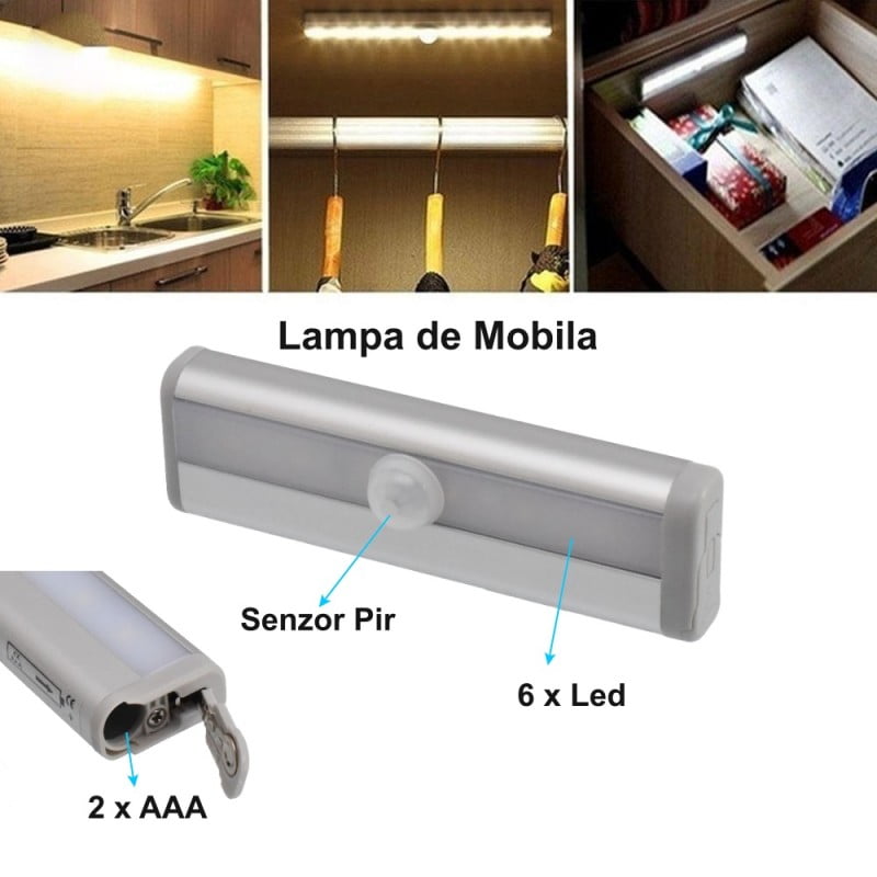 Lampa LED cu senzor PIR si 6 LED-uri, utilizare in bucatarie, dulap si sertar, alimentare 2xAAA