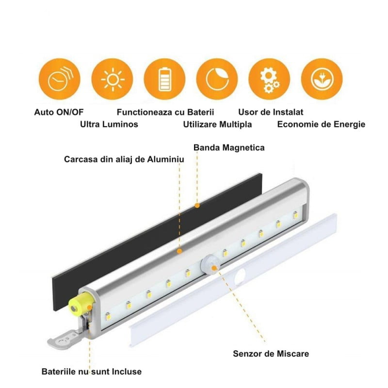Lampa LED pentru mobila dezasamblata, senzor de miscare PIR, banda magnetica si carcasa aluminiu