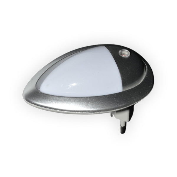 Lampa de veghe LED cu senzor crepuscular, 0.4W, IP20, montaj priza 220V, forma picatura, rama argintie