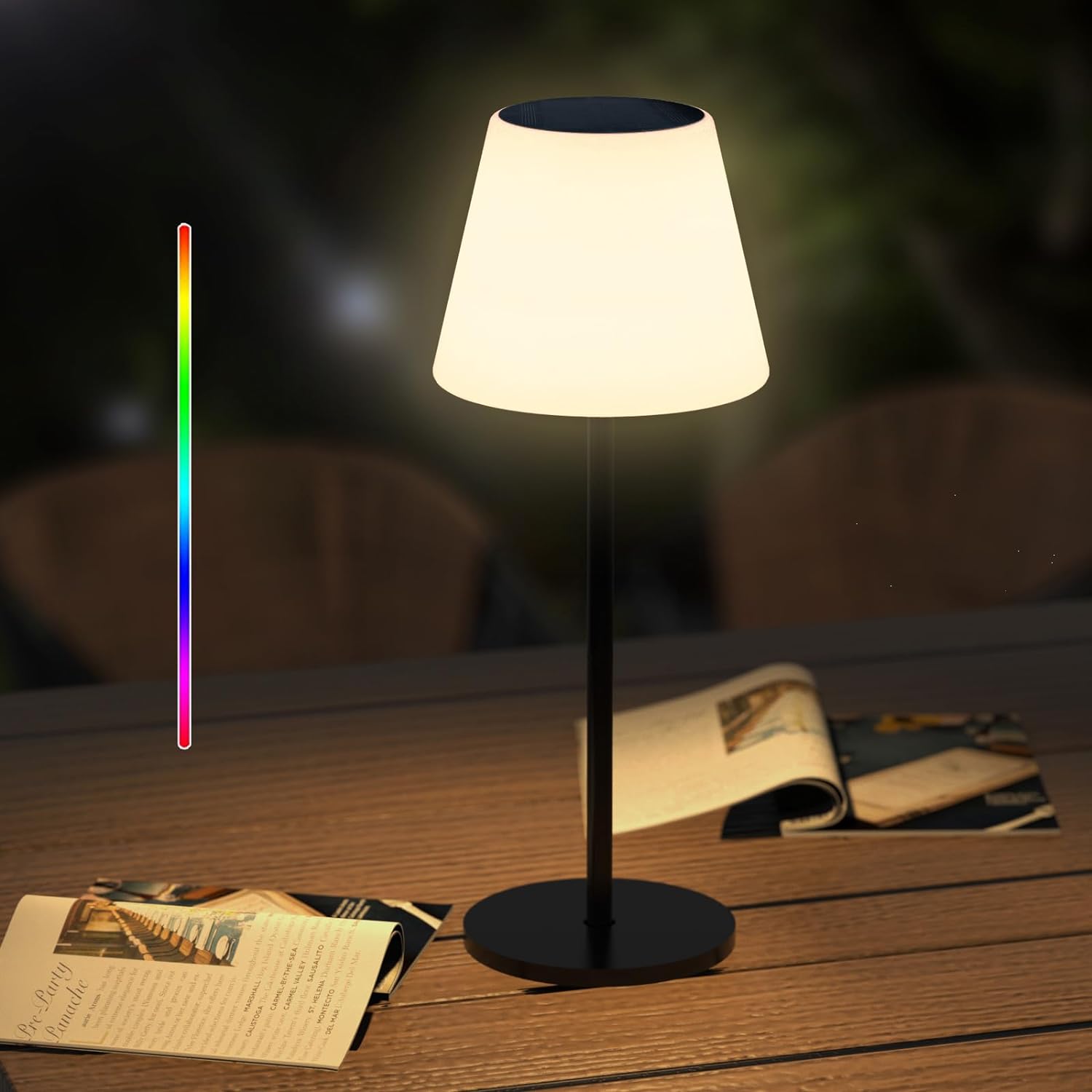 Lampa de masa solara RGBW fara fir, RGB multicolor, IP65, incarcare USB-C, pentru exterior si interior
