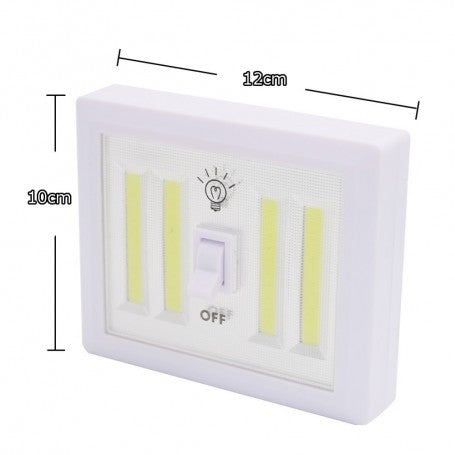 Lampa LED COB portabila 12W, dimensiuni 12x10 cm, cu buton intrerupator, vedere frontala cu cotele