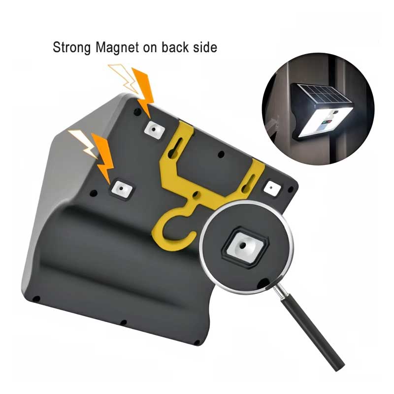 Lampa solara cu magneti puternici pe spate si carlig galben pentru montaj rapid pe suprafete metalice