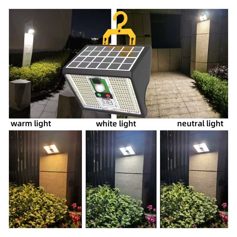 Lampa solara LED cu 3 optiuni temperatura culoare — calda 3000K, neutra 5000K si rece 6000K — exterior noapte