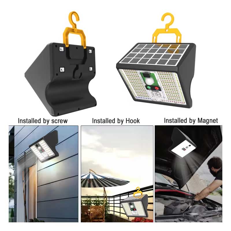 Lampa solara LED cu senzor PIR, trei metode de instalare — surub, carlig si magnet — uz interior si exterior