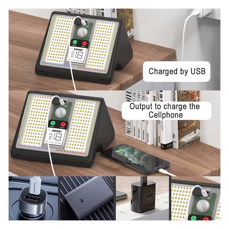 Lampa solara LED cu incarcare USB dubla — alimentare prin cablu si functie power bank pentru telefon