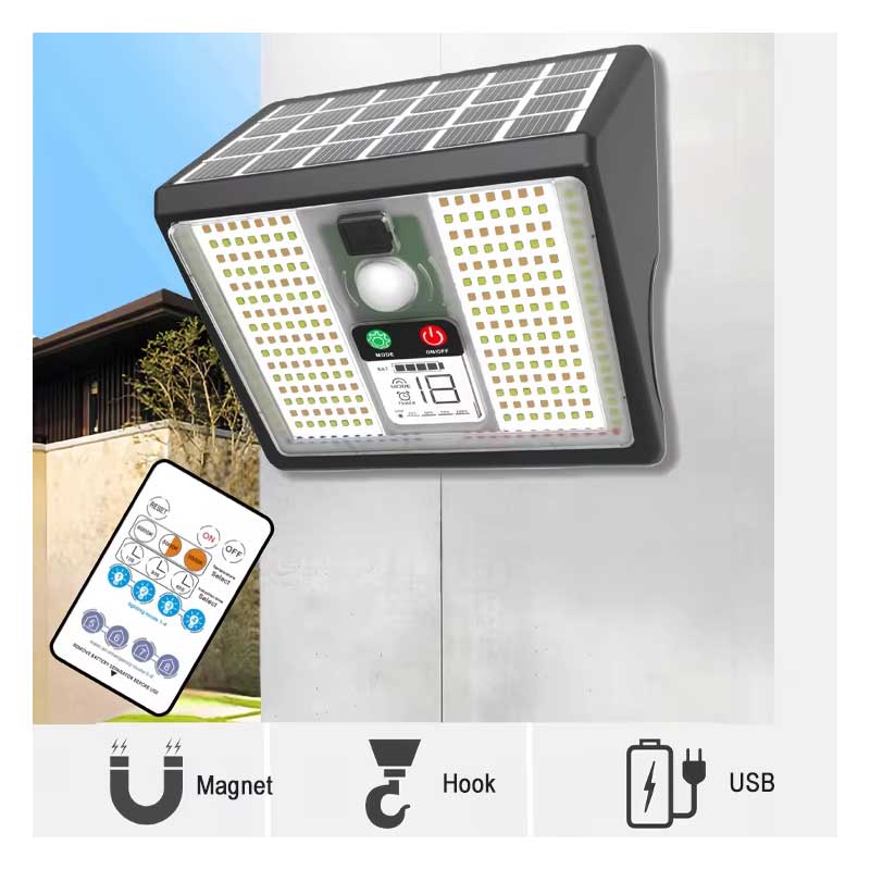 Lampa solara LED cu senzor, montaj perete exterior, optiuni magnet, carlig si incarcare USB