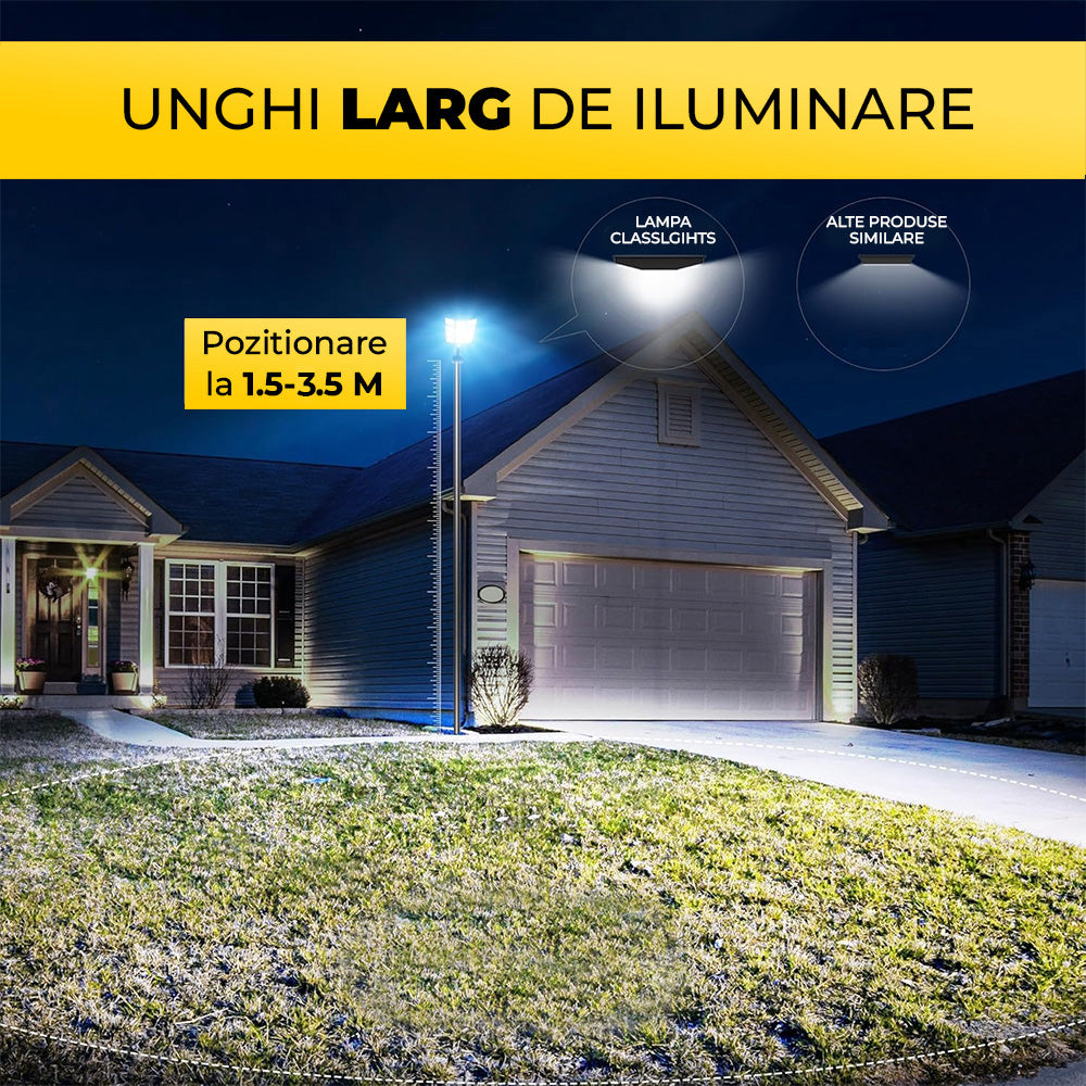 Lampa solara stradala cu unghi larg de iluminare, montata pe stalp la 1.5-3.5 m, ilumineaza curtea unei case noaptea