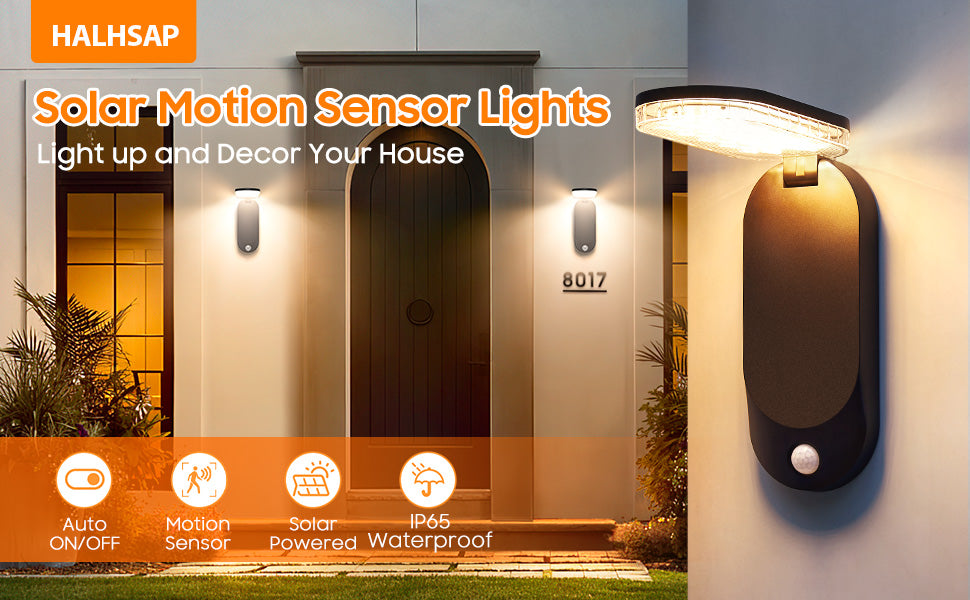 Lampa solara de perete IP65 cu senzor de miscare PIR, montaj exterior la intrarea in casa