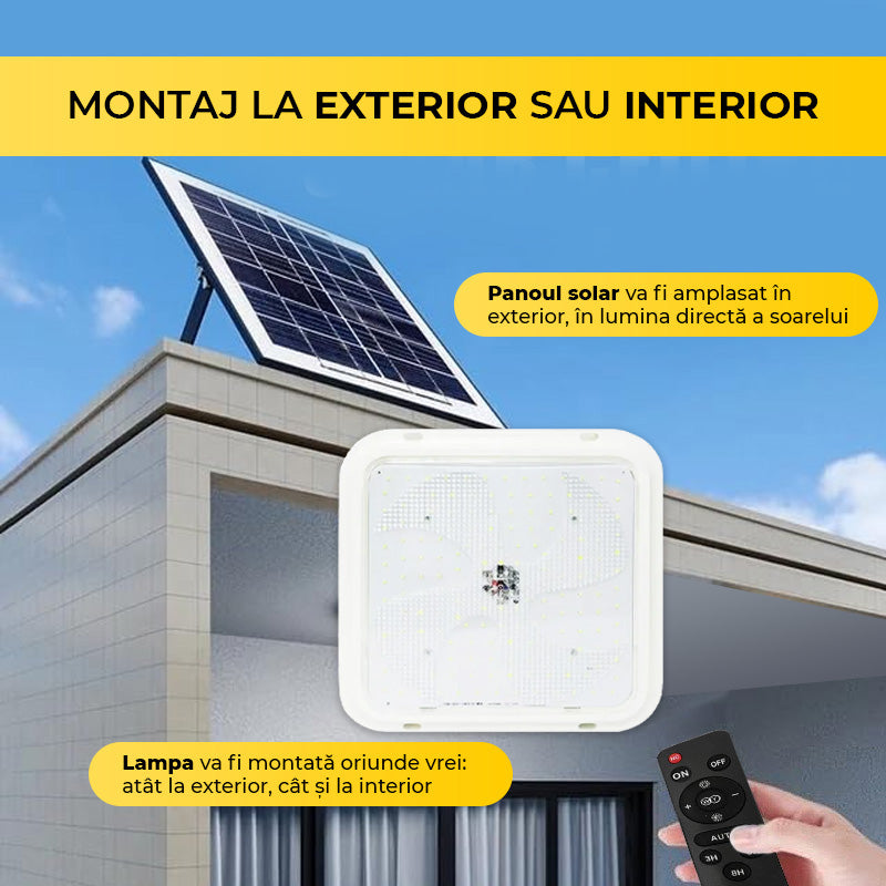 Plafoniera solara patrata cu panou solar exterior, montaj flexibil interior sau exterior, telecomanda inclusa