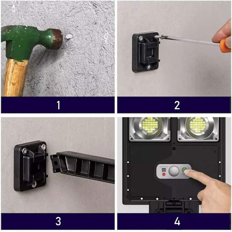 lampa solara stradala, ghid instalare in 4 pasi: gaurire perete, fixare suport, montaj brat, pornire