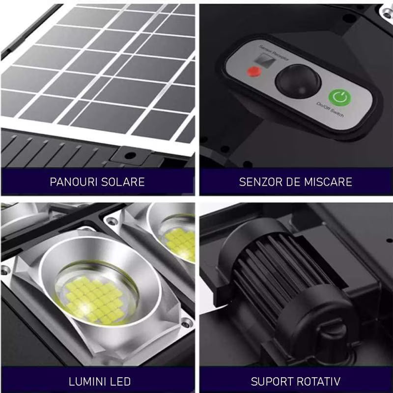 Lampa solara stradala cu panou solar, senzor de miscare PIR, module LED si suport rotativ, detalii