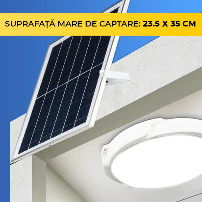Panou solar 23.5x35 cm montat pe acoperis langa plafoniera rotunda LED IP65 pentru exterior