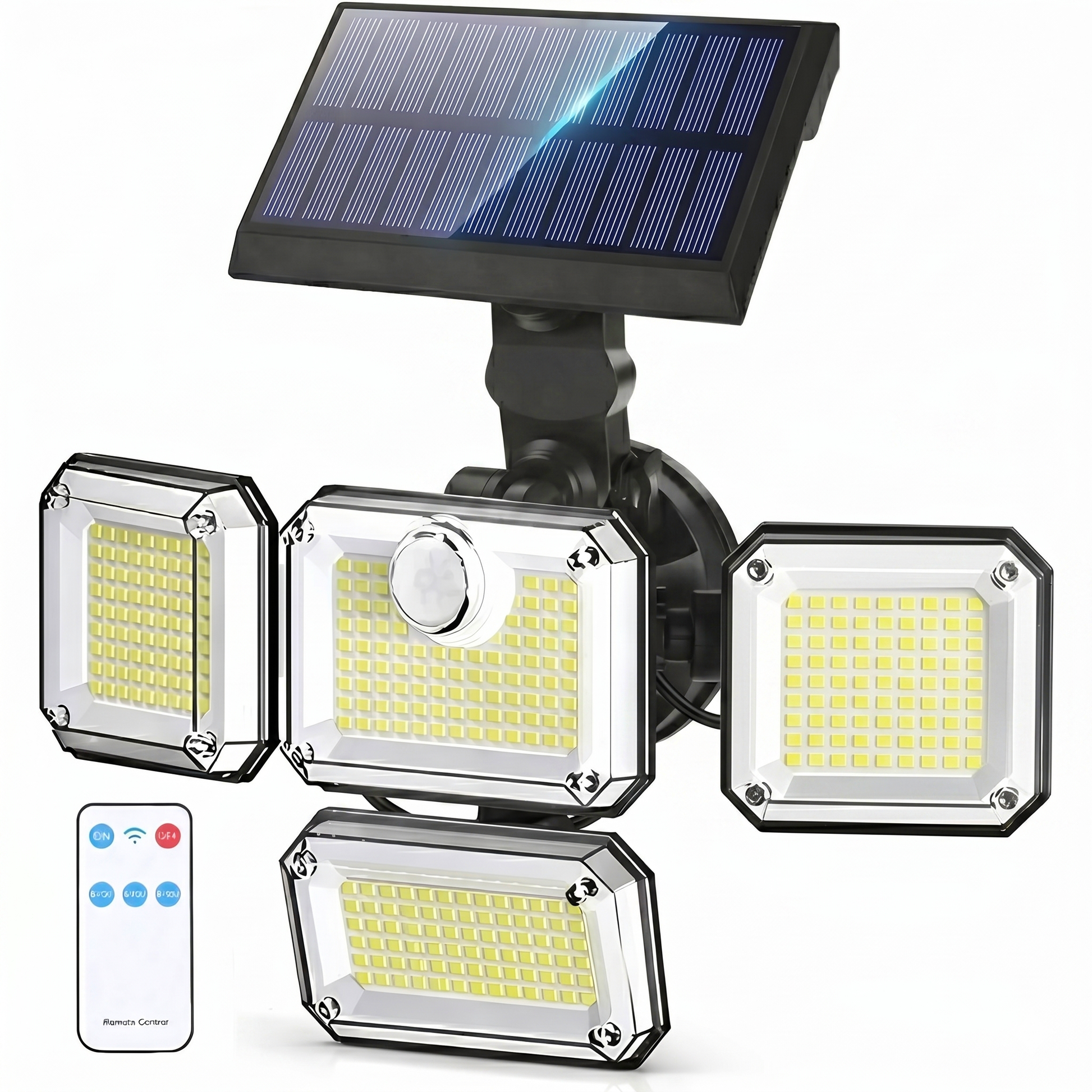 Lampa solara 333 LED-uri 3000 lumeni, 4 capete orientabile, senzor miscare PIR si telecomanda inclusa