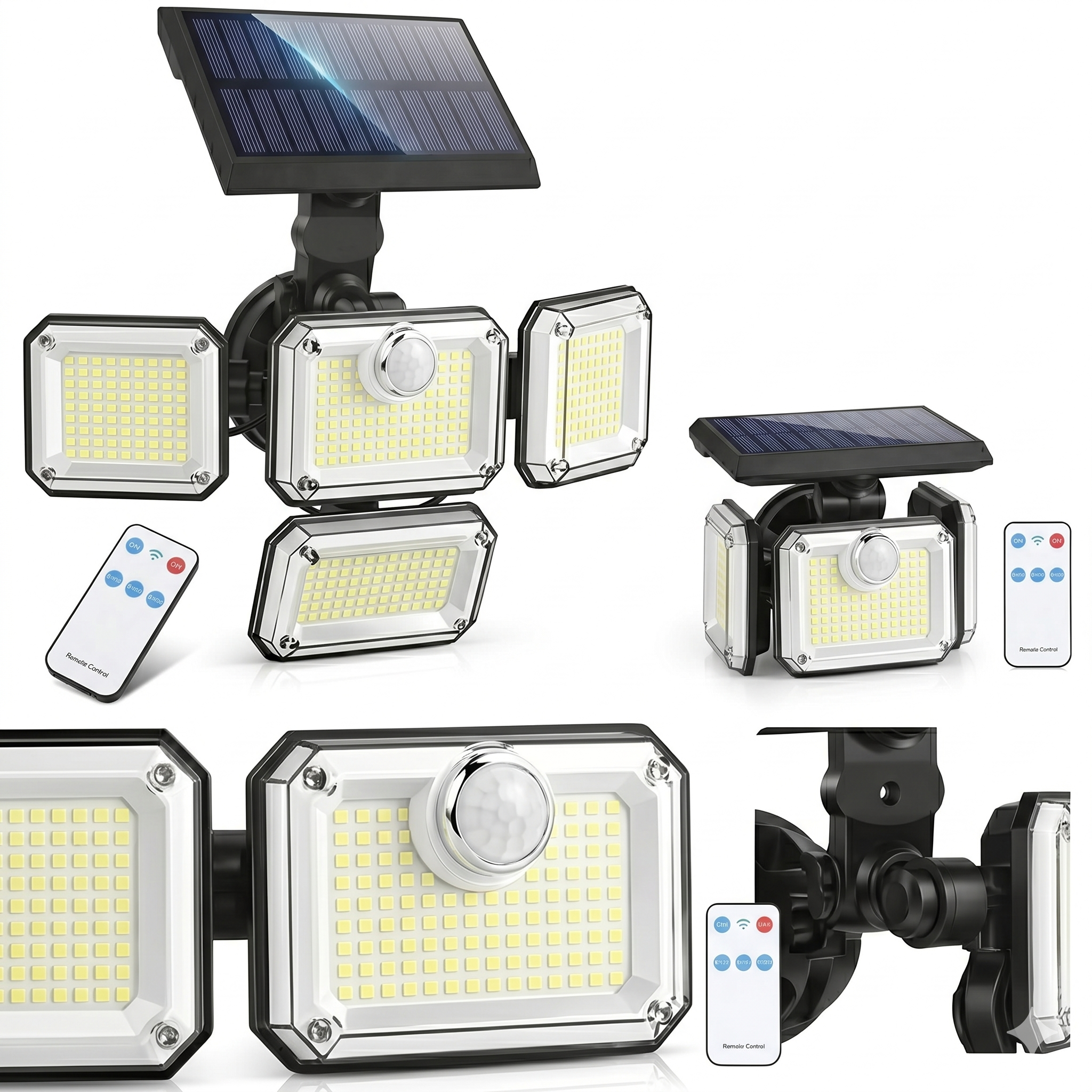 Proiector solar cu 4 capete LED reglabile, vedere din mai multe unghiuri cu telecomanda si panou solar