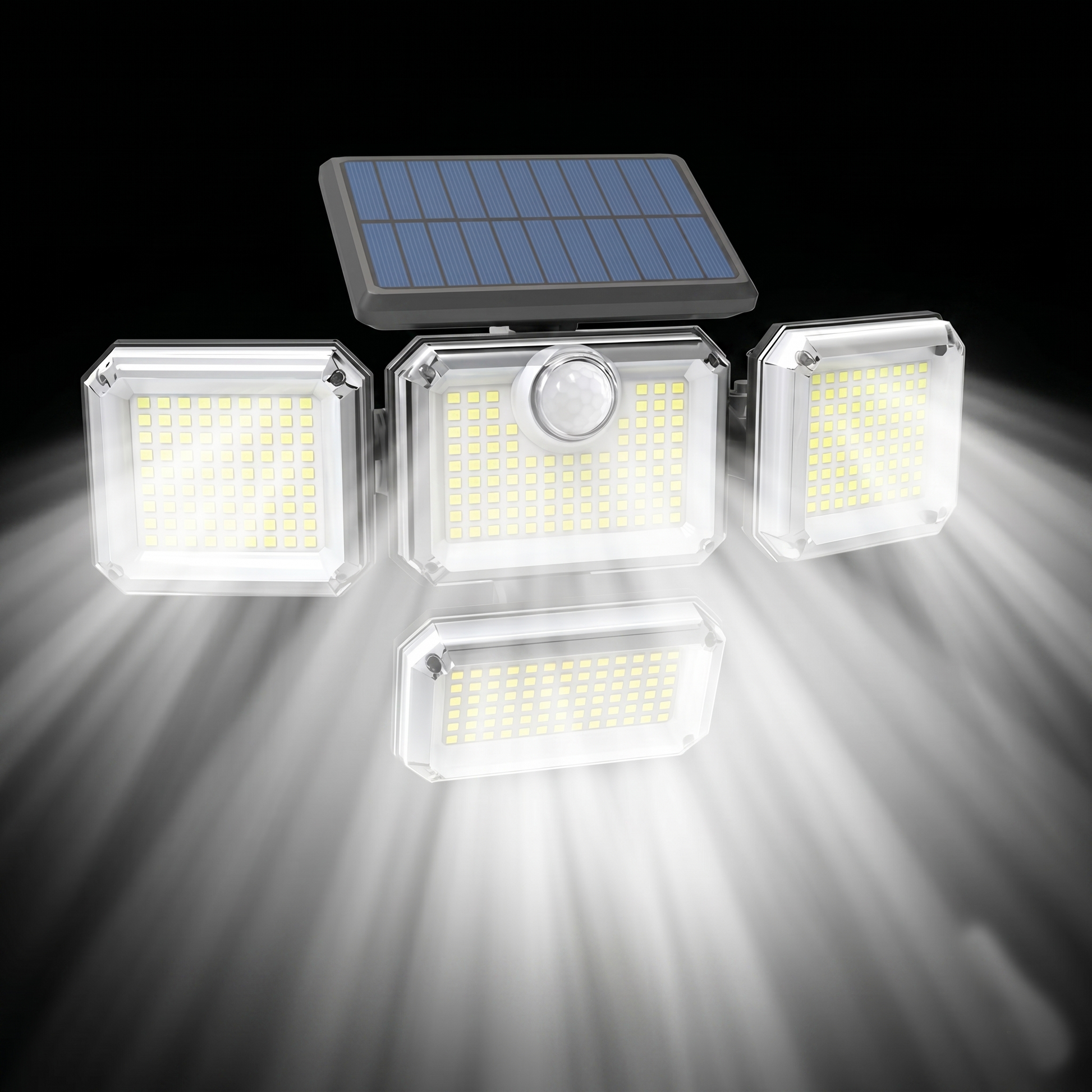 Proiector solar cu 4 capete LED aprins, fascicule puternice de lumina alba, senzor miscare PIR