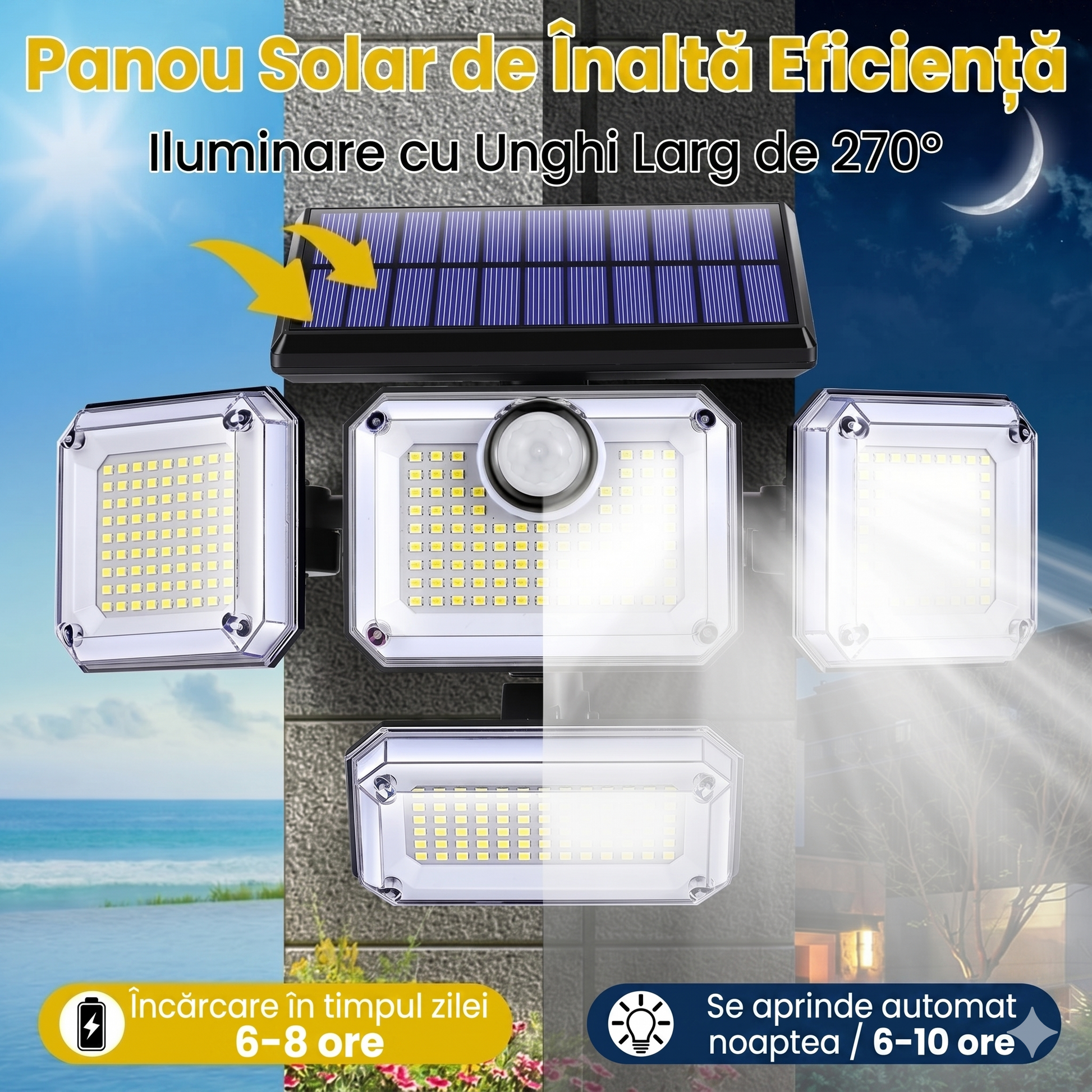 Proiector solar cu unghi de iluminare 270 grade, incarcare 6-8 ore, autonomie 6-10 ore pe noapte