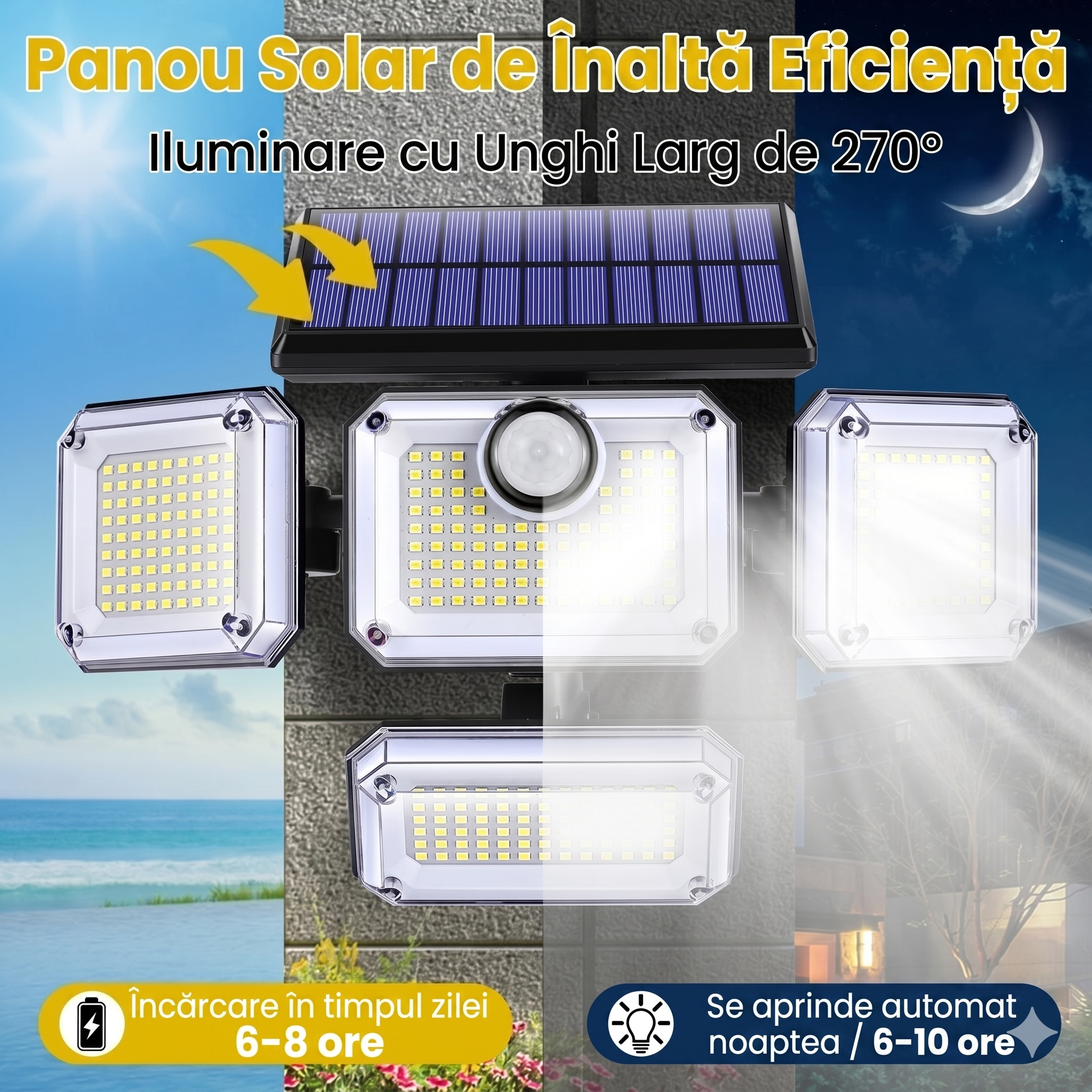 Proiector solar cu unghi de iluminare 270 grade, incarcare 6-8 ore, autonomie 6-10 ore pe noapte