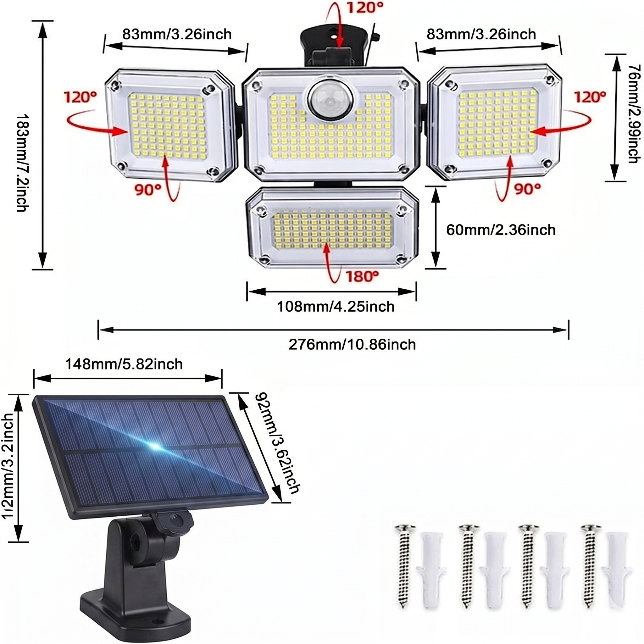Proiector solar 333 LED-uri, dimensiuni capete si panou solar, kit montaj suruburi si dibluri incluse