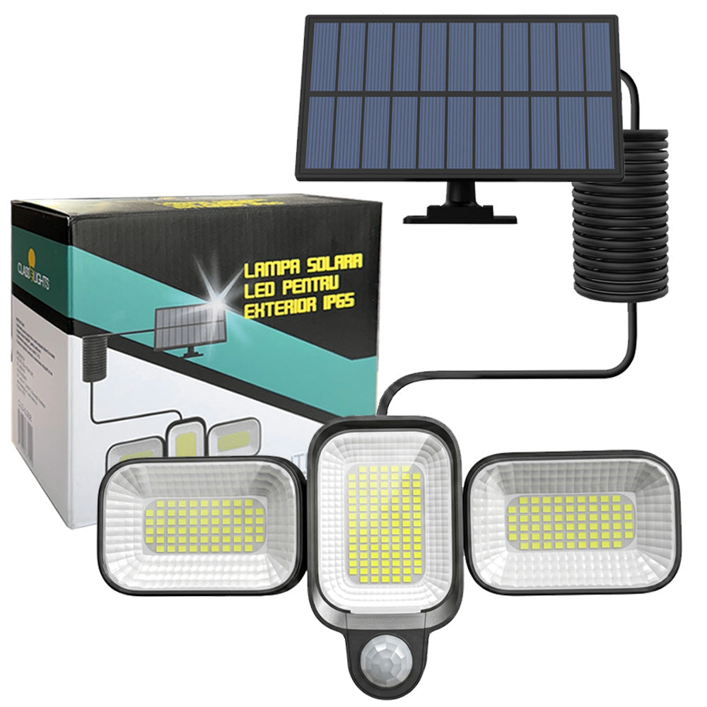 Lampa solara LED 45W cu 3 capete orientabile, senzor de miscare PIR, IP65, panou solar detasabil cu cablu 5m