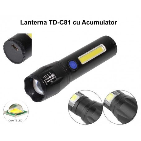 Lanterna LED cu zoom si COB lateral, detalii constructive si chip Cree T6