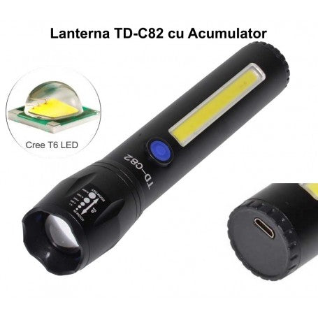 Lanterna cu LED Cree T6 frontal si COB lateral, zoom telescopic reglabil, port micro-USB vizibil