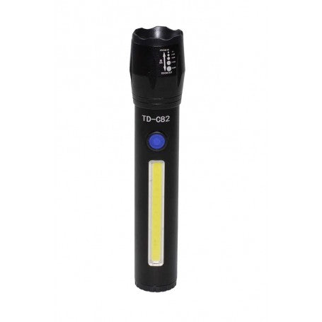 Lanterna compacta cu LED COB lateral si buton albastru, vedere frontala cu cap zoom