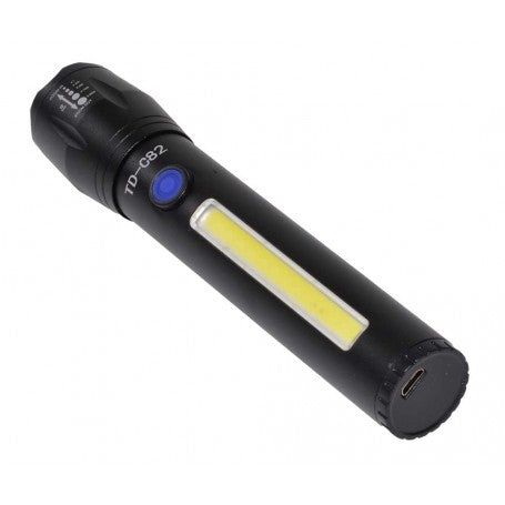 Lanterna cu acumulator 18650 si COB lateral, vedere laterala cu port micro-USB la baza