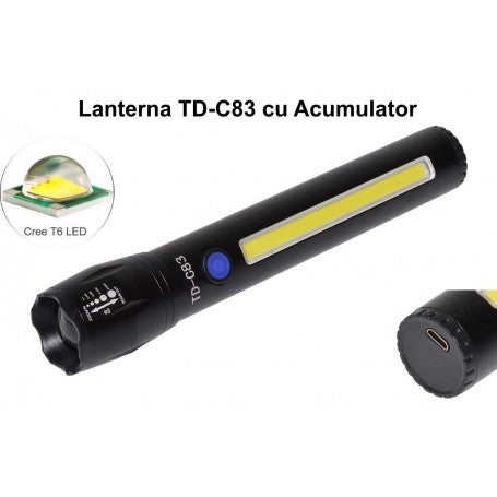 Lanterna LED COB 7W cu acumulator si port micro-USB, vedere laterala si detaliu cip Cree T6