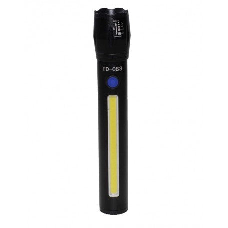 Lanterna LED 7W cu zoom telescopic si COB lateral, acumulator integrat, corp negru din aluminiu