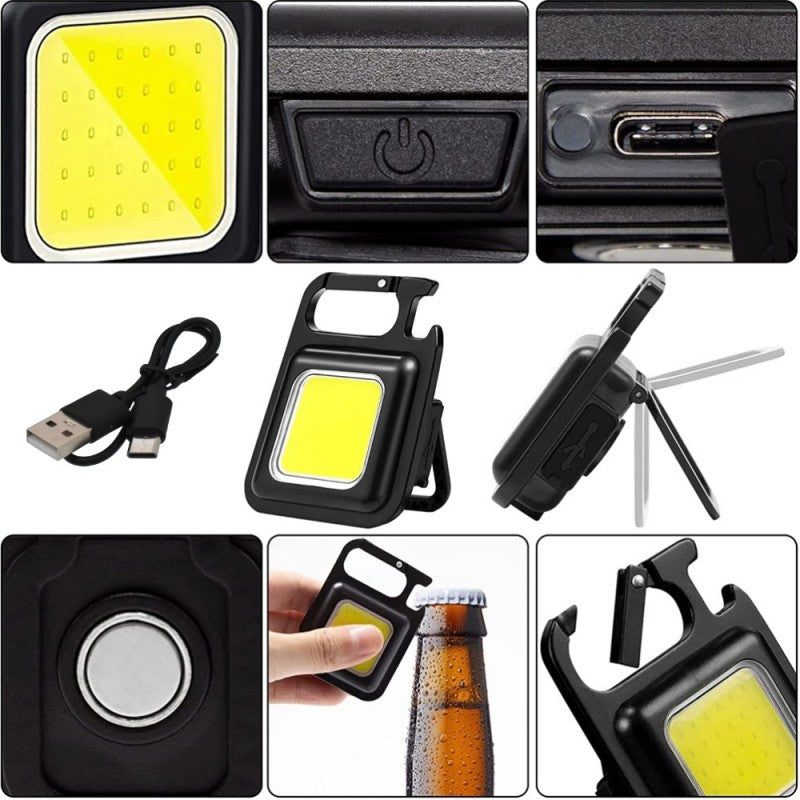 Lanterna breloc COB cu buton on/off, port USB-C, magnet, suport pliant si deschizator de sticle