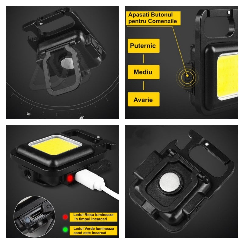 Lanterna breloc COB 6W cu 3 moduri de iluminat, incarcare USB-C si indicator LED rosu-verde