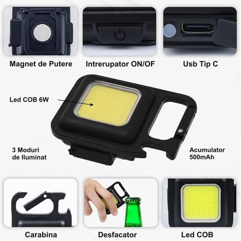 Lanterna breloc COB 6W, 500mAh, cu magnet, carabina, deschizator de sticle si 3 moduri de iluminat
