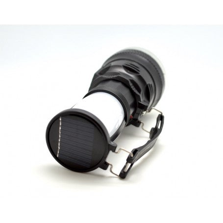 Lanterna felinar solar vazuta din lateral, cu panoul fotovoltaic circular vizibil in prim-plan